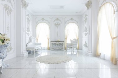Barok tarzında lüks kraliyet iç mimarisi. Pahalı eski tarz mobilyaları olan aydınlık ve beyaz bir salon. Duvarlarda büyük pencereler ve sıva süslemeleri