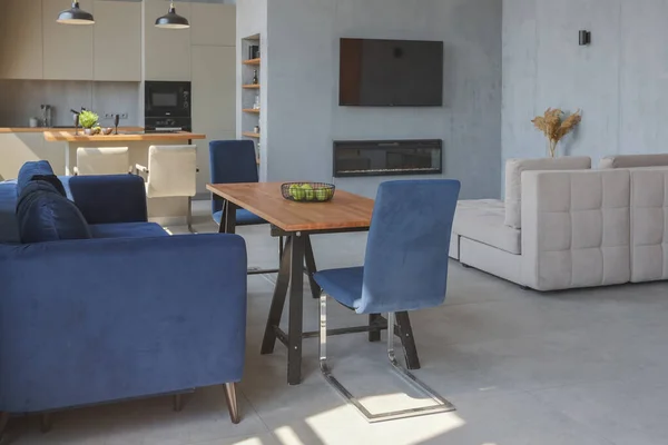 Moderne Minimalistische Dunkelgraue Loft Stil Studio Wohnung Inneneinrichtung Küche Sitzecke — Stockfoto