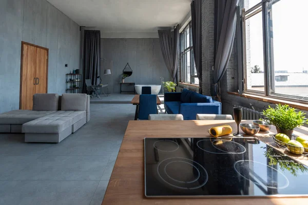 Modern Minimalistic Dark Gray Loft Style Studio Apartment Interior Design — Stock Photo, Image