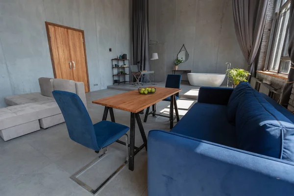 Moderno Minimalista Grigio Scuro Loft Stile Monolocale Interior Design Cucina — Foto Stock
