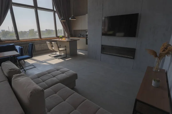 Moderne Minimalistische Donkergrijze Loft Stijl Studio Appartement Interieur Keuken Zithoek — Stockfoto
