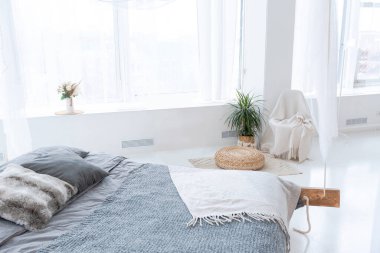 Geniş, ferah, şık, açık bir Bali tarzı dairesi asılı yatağı ve panoramik pencereleri var. Beyaz zemin ve duvarlar, basit ahşap mobilyalar..