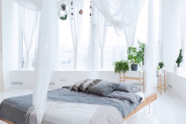 Geniş, ferah, şık, açık bir Bali tarzı dairesi asılı yatağı ve panoramik pencereleri var. Beyaz zemin ve duvarlar, basit ahşap mobilyalar..