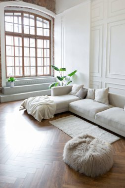 Beyaz ve gri duvarları olan, mobilyaları ve kocaman pencereleri olan, ultra modern, açık bir apartman dairesinin minimalist iç mekanı.