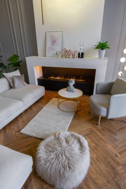 Beyaz ve gri duvarları olan, mobilyaları ve kocaman pencereleri olan, ultra modern, açık bir apartman dairesinin minimalist iç mekanı.