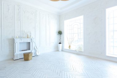 Altın duvarlı ve pahalı beyaz ve altın rengi mobilyaları olan lüks bir oturma odası.