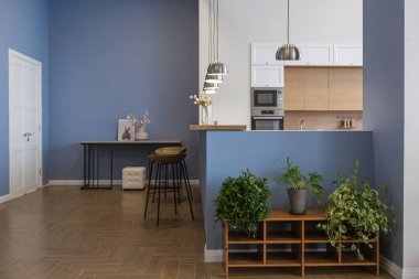 Minimalist modern iç mimari, İskandinav tarzı açık bir planı olan, ortasında sütunları olan, beyaz, mavi ve koyu mavi renkli parlak bir daire tasarladı. Mutfak, ofis ve dinlenme odasını içerir.