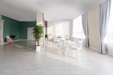 Açık renkli, lüks ve pahalı bir apartman dairesi. Minimum tasarım, yemek alanı ve misafir odası olan modern yatak odası..