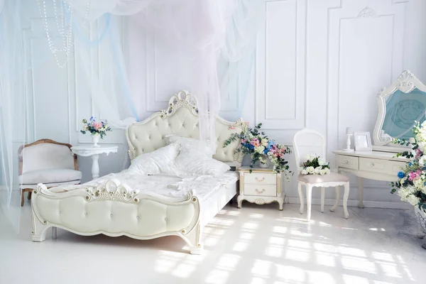 Luminoso Lusso Bianco Blu Soggiorno Interno Colorato Con Fiori Vasi — Foto Stock