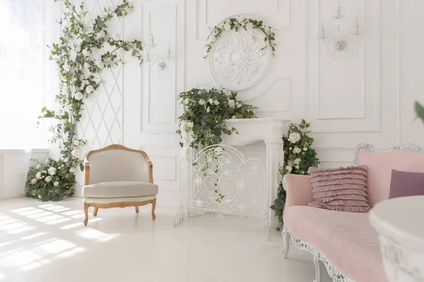 stock image luxury delicate interior of the living room and bedroom in light colors with expensive chic carved furniture in classic style