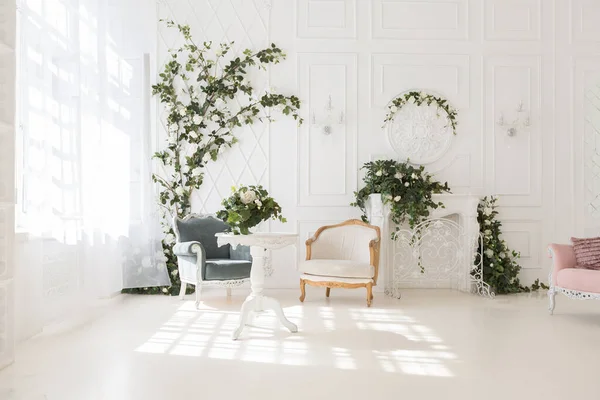 Luxusní Delikátní Interiér Obývacího Pokoje Ložnice Světlých Barvách Drahým Elegantním — Stock fotografie