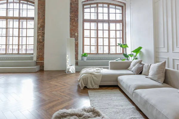 회색으로 초현대적 아파트 내부의 미니멀리즘 과회색 스타일의 가구와 — 스톡 사진