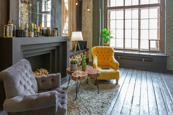 Dark Brutal Interior Sitting Room Decorated Wooden Logs Yellow Grey — Stock Photo, Image