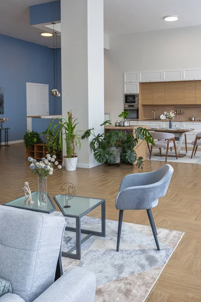 ミニマルなモダンなインテリアデザイン中央に列と白 青と濃い青の色で北欧スタイルのオープンプランと巨大な明るいアパート キッチンエリアオフィスラウンジ — ストック写真