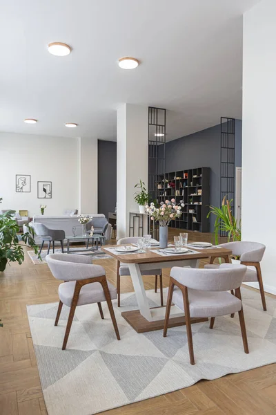 Dinnig Área Cozinha Design Interiores Modernos Minimalistas Enorme Apartamento Brilhante — Fotografia de Stock