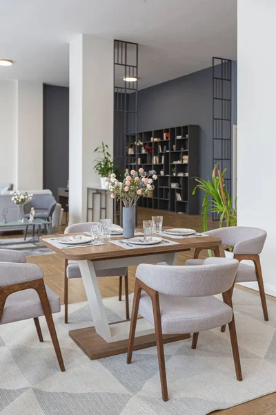 Dinnig Zona Cucina Minimalista Interior Design Moderno Enorme Appartamento Luminoso — Foto Stock