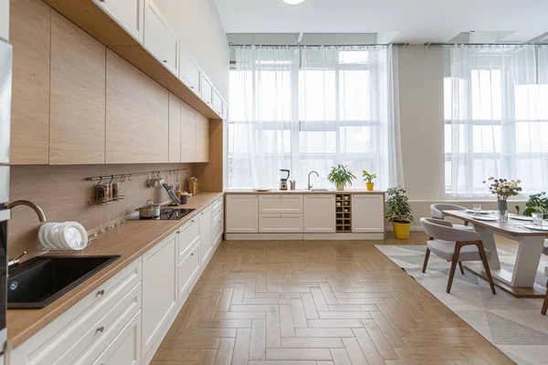 Cucina Stile Moderno Minimalista Grande Appartamento Luminoso Con Open Space — Foto Stock
