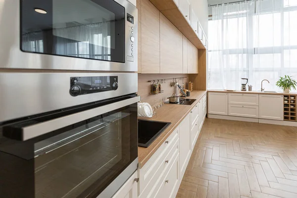 Área Cocina Diseño Interior Moderno Minimalista Enorme Apartamento Luminoso Con — Foto de Stock
