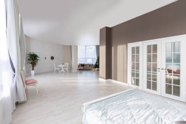 Açık renkli, lüks ve pahalı bir apartman dairesi. Minimum tasarım, yemek alanı ve misafir odası olan modern yatak odası..