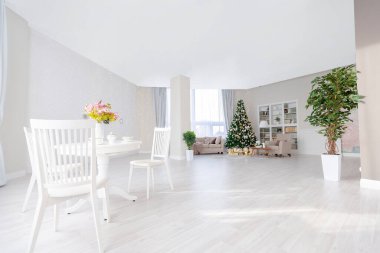 Lüks, pahalı, açık renkli bir daire. Modern, minimalist tasarım. Güneş ışığıyla dolu. Noel ağacıyla süslenmiş bir sürü yer.