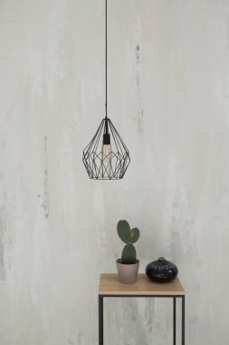 Geniş, şık, modern, beyaz ve açık renkli çatı katı dairesi. Güneş ışığıyla dolu büyük bir oda. tuğla duvar, ahşap zemin, raf, palet yatak ve büyük pencere. Her şey beyaz ve gri renkli..