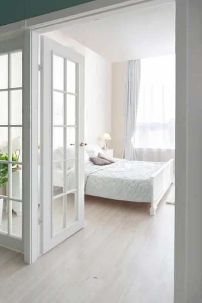 Snygg Modernt Sovrum Med Minimalistisk Design Lyxig Rik Dyr Interiör — Stockfoto