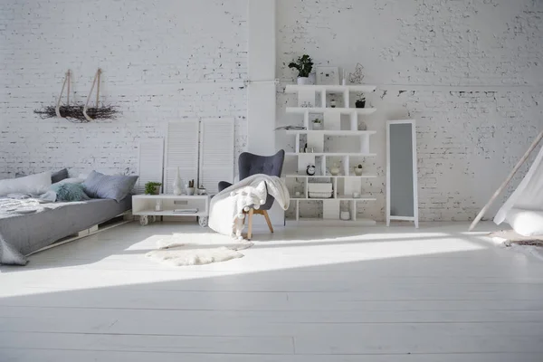 Geniş Şık Modern Beyaz Açık Renkli Çatı Katı Dairesi Güneş — Stok fotoğraf