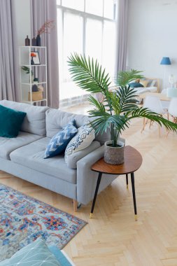 İskandinav tarzında stüdyo dairesinin iç tasarımı. Açık renkli kocaman bir oda. şık pahalı mobilyalar..