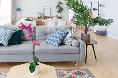 İskandinav tarzında stüdyo dairesinin iç tasarımı. Açık renkli kocaman bir oda. şık pahalı mobilyalar..