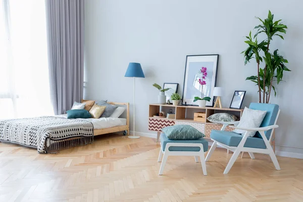 스칸디나비아 스타일의 스튜디오 아파트의 디자인 색깔의 가구들 — 스톡 사진