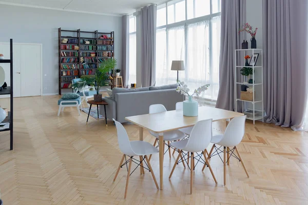 Interior Design Studio Apartment Scandinavian Style Spacious Huge Room Light — Stock Photo, Image