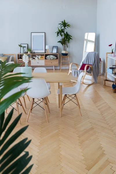 stock image The interior design of the studio apartment in Scandinavian style. A spacious huge room in light colors. stylish expensive luxury furniture.