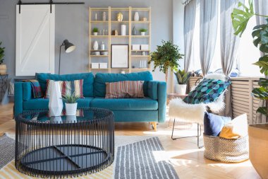 Geniş, açık bir İskandinav tarzı, oturma ve uyku alanları olan bir stüdyonun zarif yaratıcı modern modası.