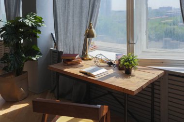 Geniş, açık bir İskandinav tarzı, oturma ve uyku alanları olan bir stüdyonun zarif yaratıcı modern modası.