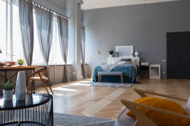 Geniş, açık bir İskandinav tarzı, oturma ve uyku alanları olan bir stüdyonun zarif yaratıcı modern modası.