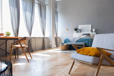 Geniş, açık bir İskandinav tarzı, oturma ve uyku alanları olan bir stüdyonun zarif yaratıcı modern modası.