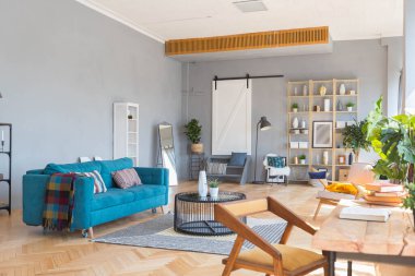 Geniş, açık bir İskandinav tarzı, oturma ve uyku alanları olan bir stüdyonun zarif yaratıcı modern modası.