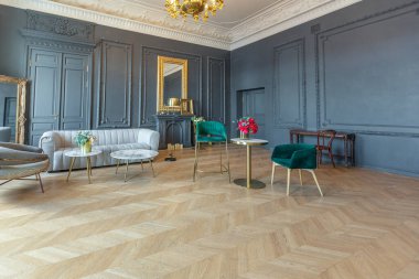 19. yüzyılın Rönesans tarzında modern lüks mobilyaları olan şık bir oda. Asil koyu renkli duvarlar alçı ve yaldızlı çerçevelerle süslenmiş, ahşap parke..