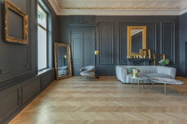 19. yüzyılın Rönesans tarzında modern lüks mobilyaları olan şık bir oda. Asil koyu renkli duvarlar alçı ve yaldızlı çerçevelerle süslenmiş, ahşap parke..