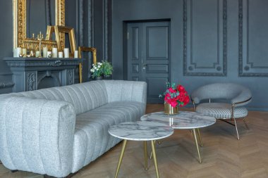 19. yüzyılın Rönesans tarzında modern lüks mobilyaları olan şık bir oda. Asil koyu renkli duvarlar alçı ve yaldızlı çerçevelerle süslenmiş, ahşap parke..