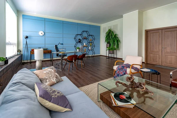 青とベージュのミニマリストスタイルのシーティングエリアを持つ個人的なスタジオオフィスのモダンなトレンディーな創造的なデザイン大きな窓と日光付きの色 — ストック写真