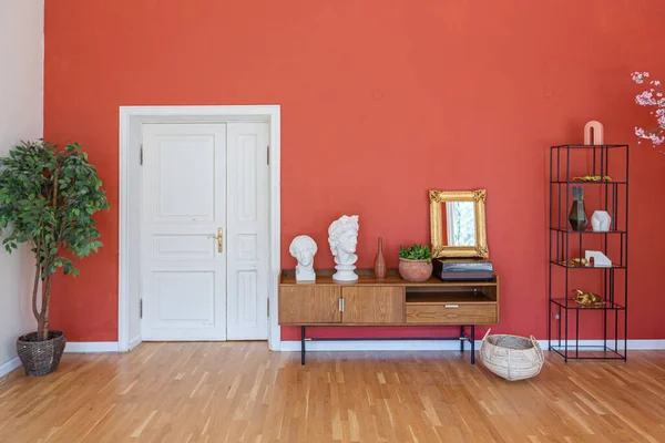 Interior Vintage Antigo Estilo Século Sala Estar Com Paredes Vermelhas — Fotografia de Stock