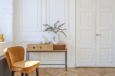 Ahşap elementleri ve beyaz duvarları olan geniş bir oturma odasının pahalı, hafif, lüks iç tasarımı. Orijinal ve alışılmadık dekoratif şeylerle dolu.