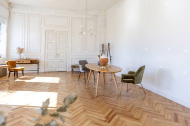 Ahşap elementleri ve beyaz duvarları olan geniş bir oturma odasının pahalı, hafif, lüks iç tasarımı. Orijinal ve alışılmadık dekoratif şeylerle dolu.