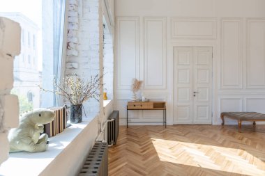 Ahşap elementleri ve beyaz duvarları olan geniş bir oturma odasının pahalı, hafif, lüks iç tasarımı. Orijinal ve alışılmadık dekoratif şeylerle dolu.