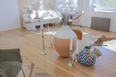 Ahşap elementleri ve beyaz duvarları olan geniş bir oturma odasının pahalı, hafif, lüks iç tasarımı. Orijinal ve alışılmadık dekoratif şeylerle dolu.