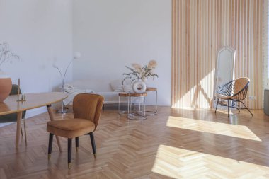 Ahşap elementleri ve beyaz duvarları olan geniş bir oturma odasının pahalı, hafif, lüks iç tasarımı. Orijinal ve alışılmadık dekoratif şeylerle dolu.