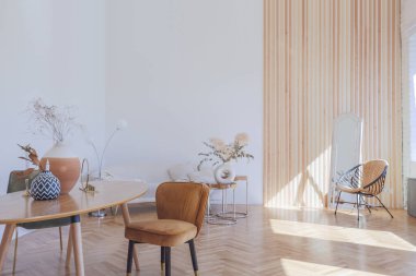 Ahşap elementleri ve beyaz duvarları olan geniş bir oturma odasının pahalı, hafif, lüks iç tasarımı. Orijinal ve alışılmadık dekoratif şeylerle dolu.