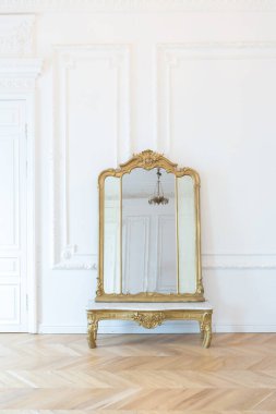 Eski bir malikanede, beyaz duvarlarda alçı kaplama ve altın elementli kadife mobilyalarla süslenmiş yüksek tavanlı, eski bir 19. yüzyıl tarzında şık, ferah, parlak bir daire.