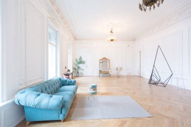 Eski bir malikanede, beyaz duvarlarda alçı kaplama ve altın elementli kadife mobilyalarla süslenmiş yüksek tavanlı, eski bir 19. yüzyıl tarzında şık, ferah, parlak bir daire.